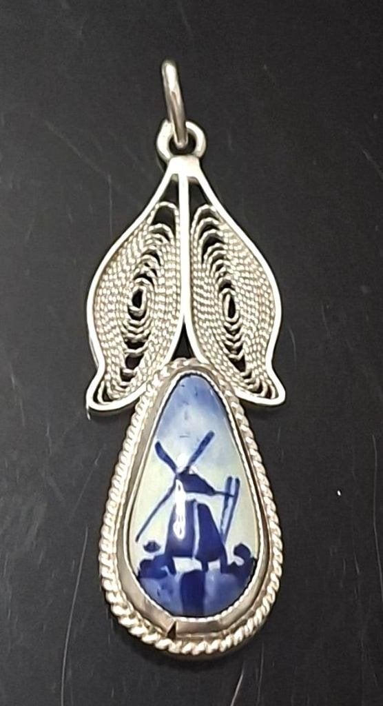 Prachtige Zilver Filigrein Tulp & Delfts Blauwe Molen Hanger, Ophalen of Verzenden, Zilver, Hanger