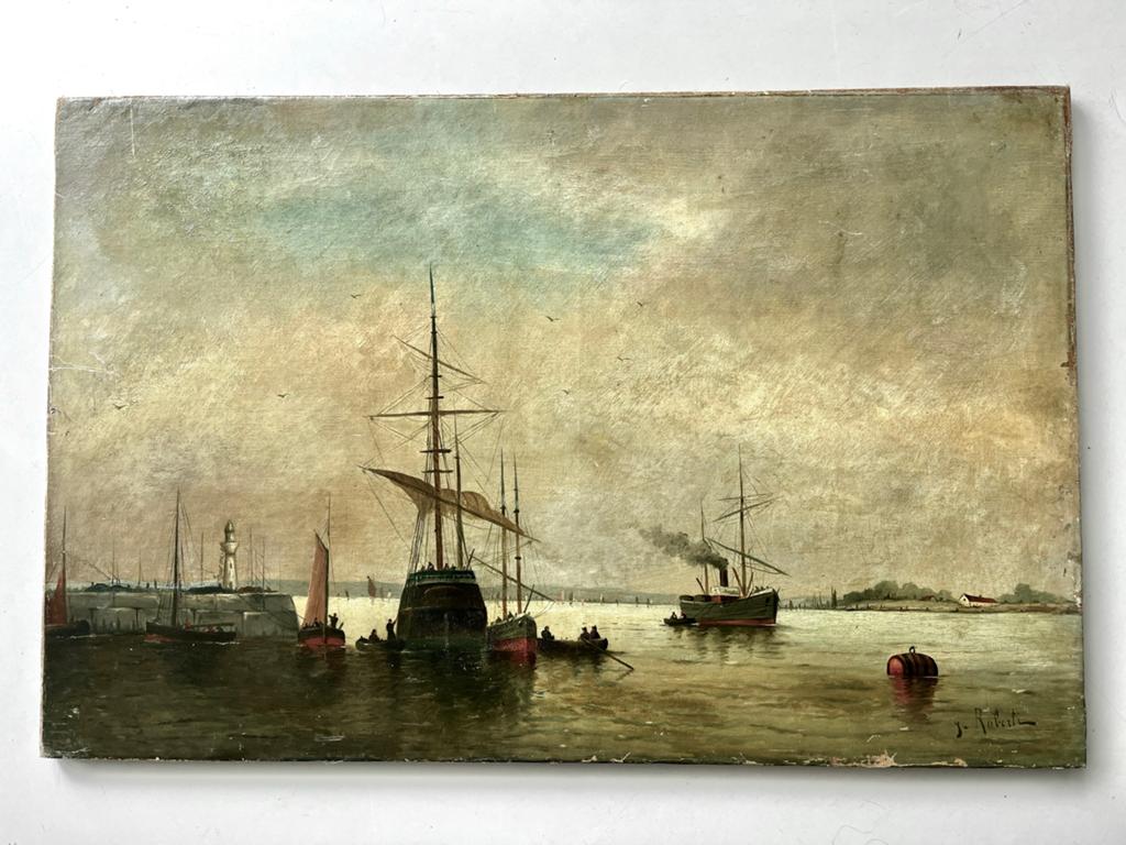 Antiek schilderij havenzicht met schepen gesigneerd, Ophalen of Verzenden