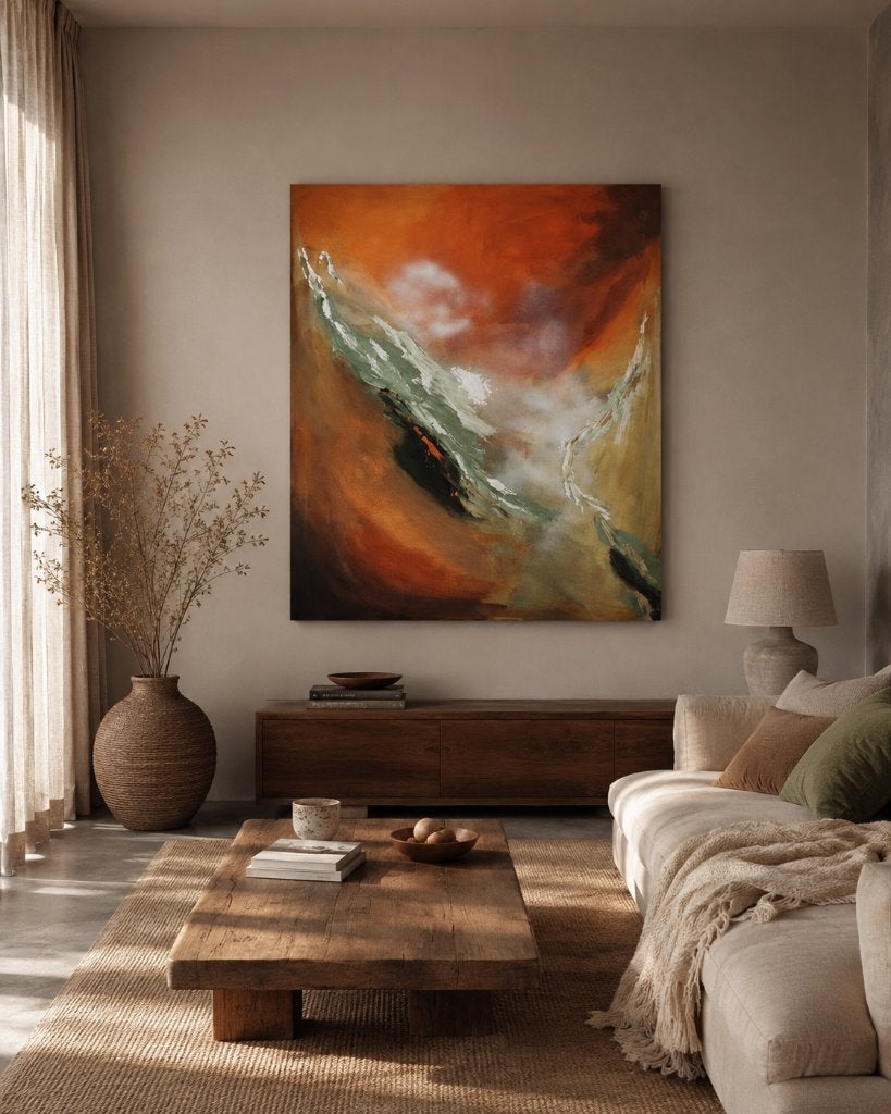 100x200 Abstract Schilderij met Warme Tinten en Groen, Abstract, Acrylverf, Handgeschilderd, Ophalen of Verzenden