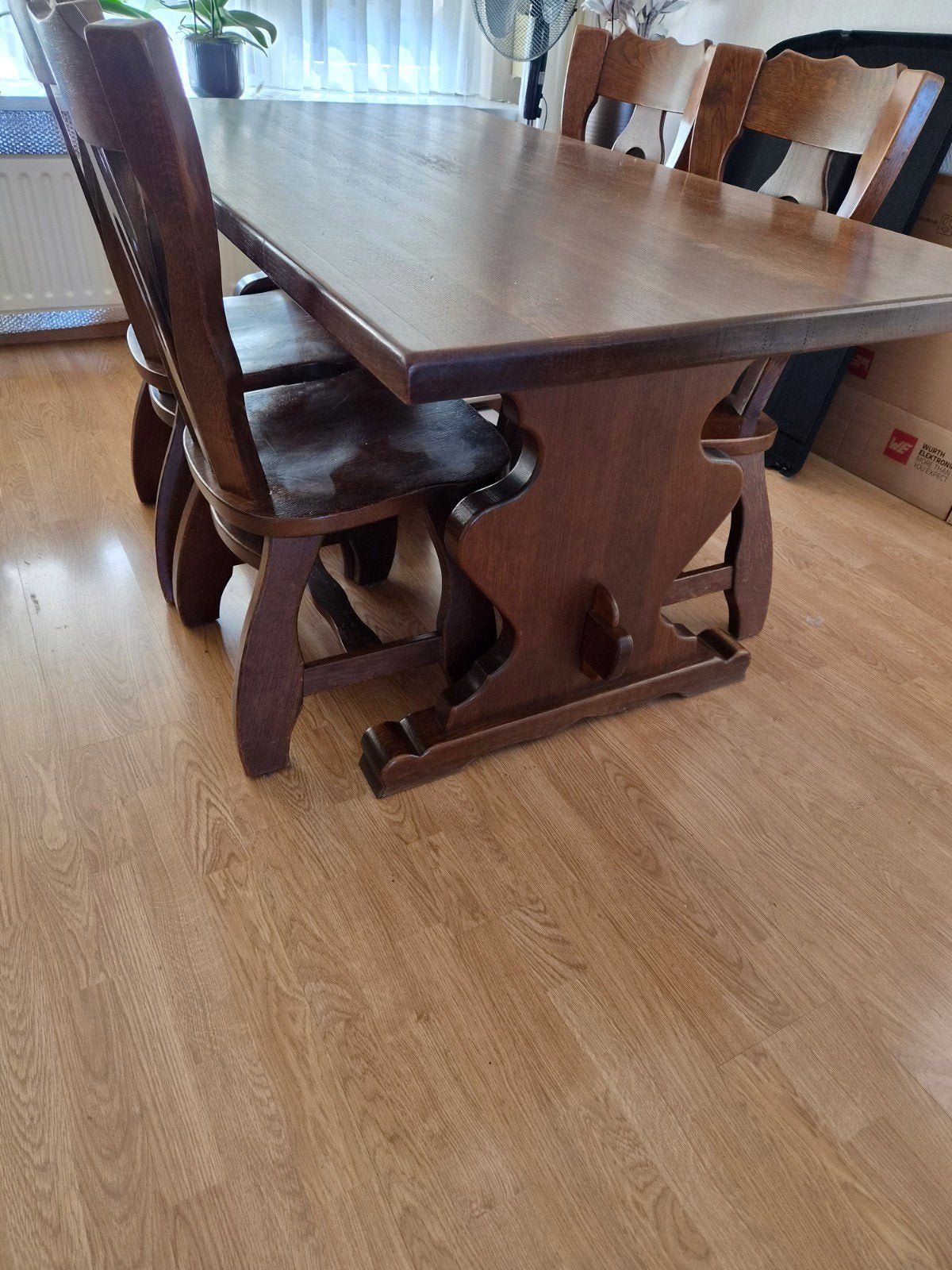 Massief eiken eettafel met 4 stoelen, Ophalen, Gebruikt, 100 tot 150 cm, Rustiek