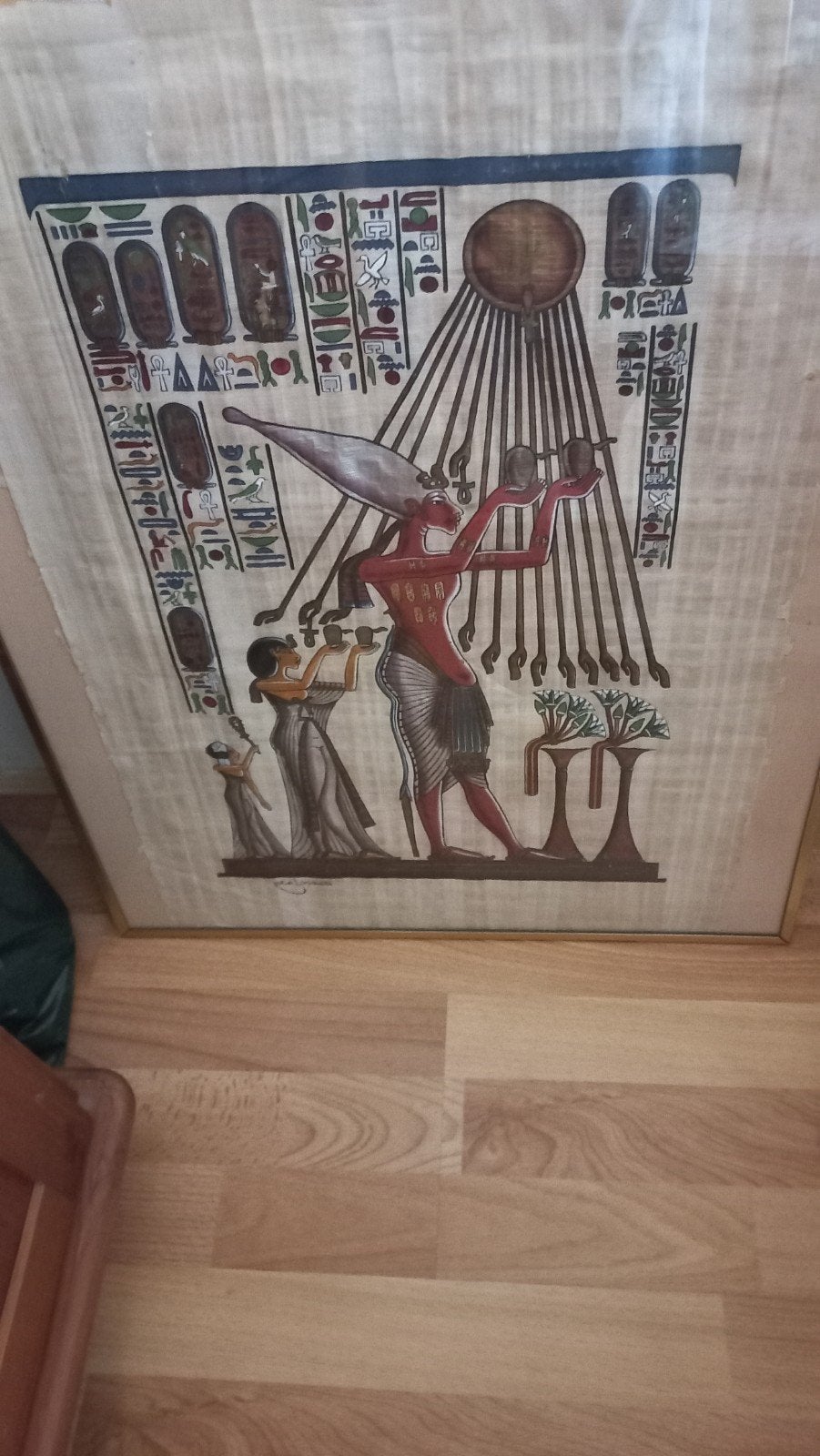 Oud Egyptisch papyrus schilderij - Akhenaten en Nefertiti, Antiek en Kunst, Ophalen, Schilderij, Ingelijst, Papier/karton