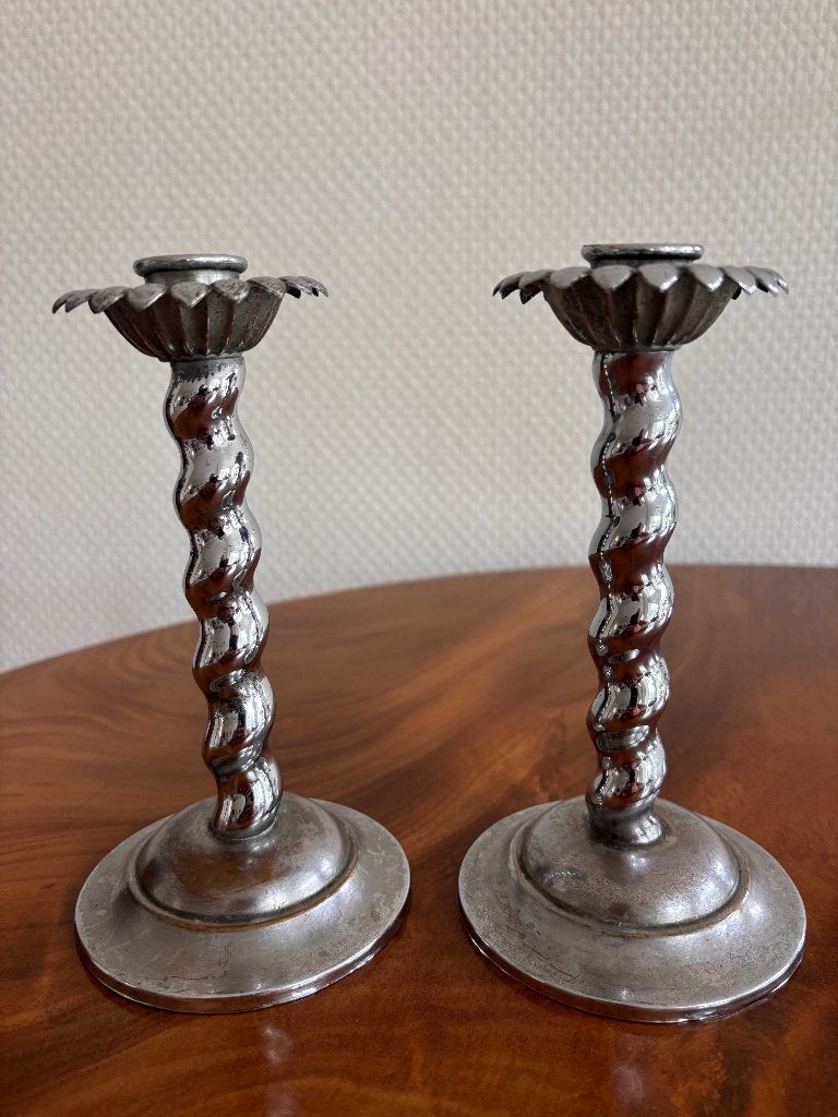 Vintage metalen kandelaars met gedraaide steel. Set., Ophalen of Verzenden, Koper of Brons