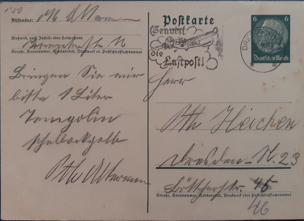 Deutsche Reich Briefkaart 1936 Dresden Benutzt die Luftpost, Postzegels en Munten, Brieven en Enveloppen | Buitenland, Ophalen of Verzenden