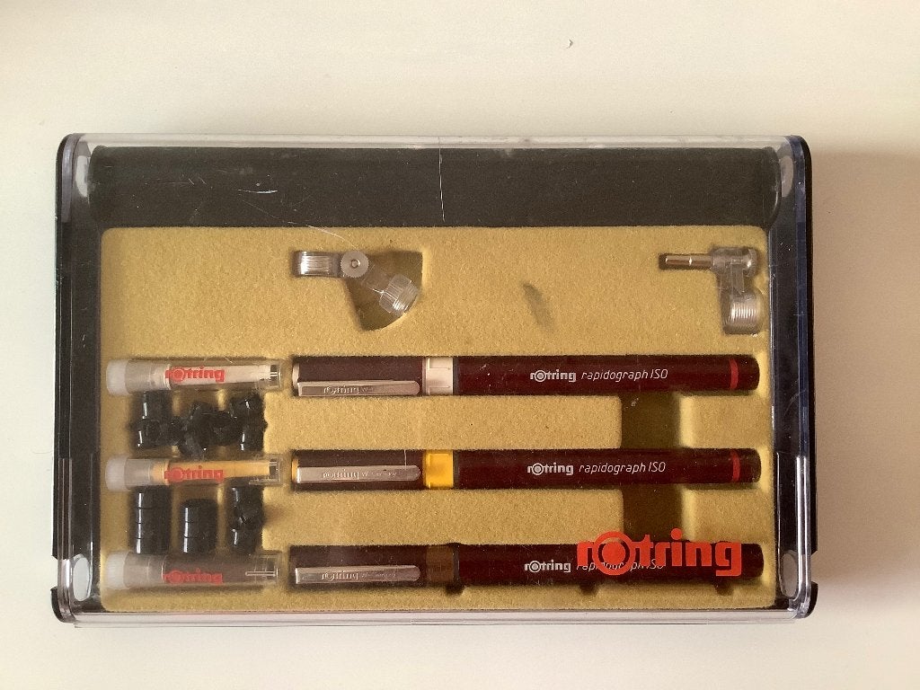 Vintage ROTRING set Rapidograph ISO tekenpennen 25/35/50, Ophalen of Verzenden, Gebruikt