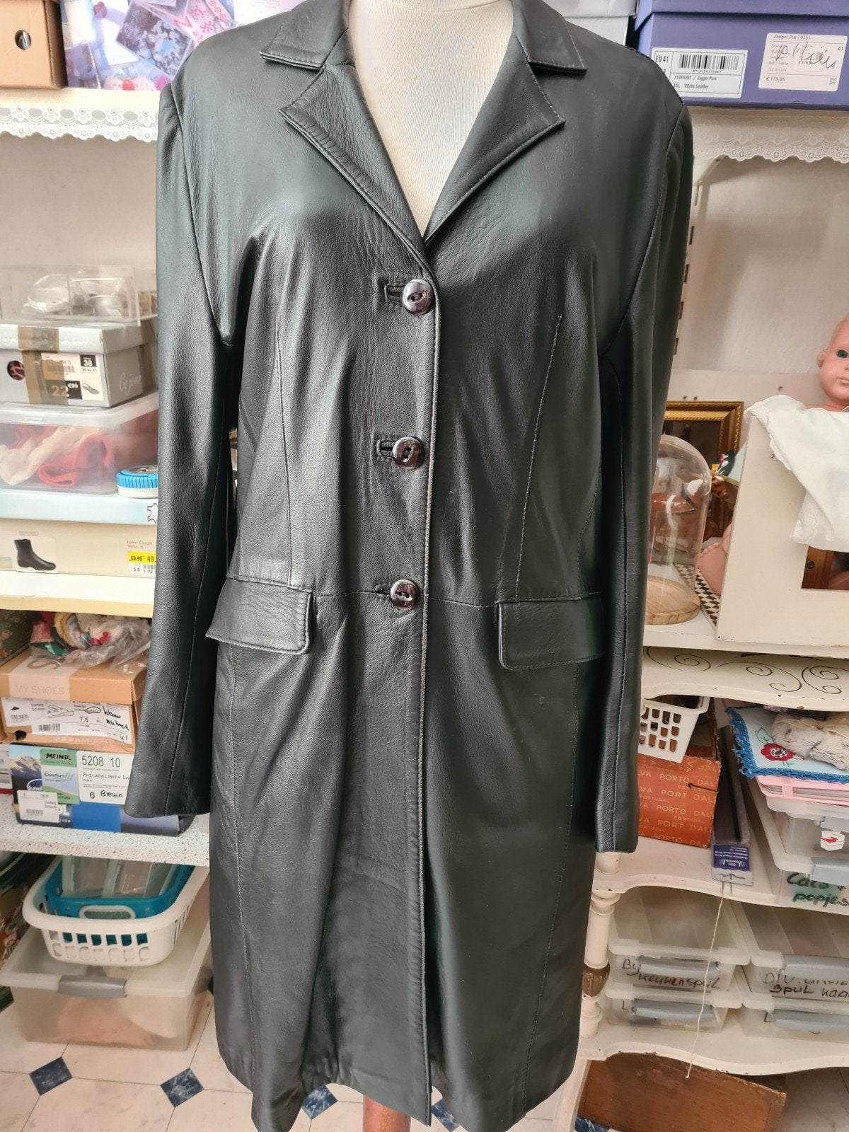 vintage VERSACE leren lange jas - goede staat , maat M, Maat 38/40 (M), Zwart, Ophalen of Verzenden, Versace