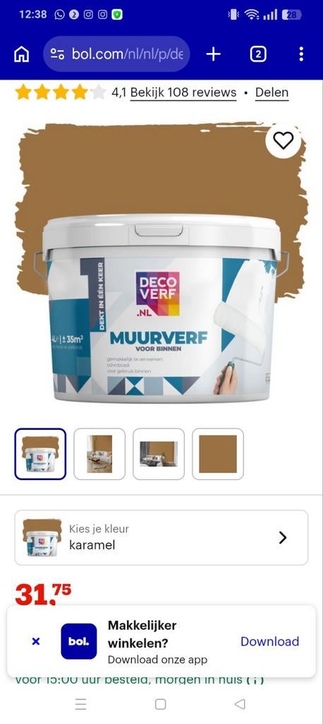 Decoverf Muurverf Caramel 4L - Nieuw, Ophalen, Bruin, Nieuw, Verf