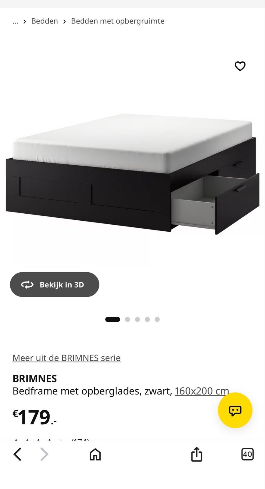 IKEA BRIMNES Bedframe met opberglades, zwart, 160x200 cm, Ophalen, Overige materialen, Gebruikt, Zwart