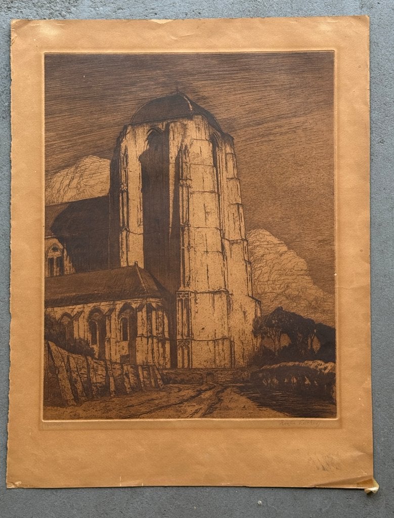 Originele ets van Eugène Lücker - Veerse Grote Kerktoren, Antiek en Kunst, Ophalen, Ets, Origineel