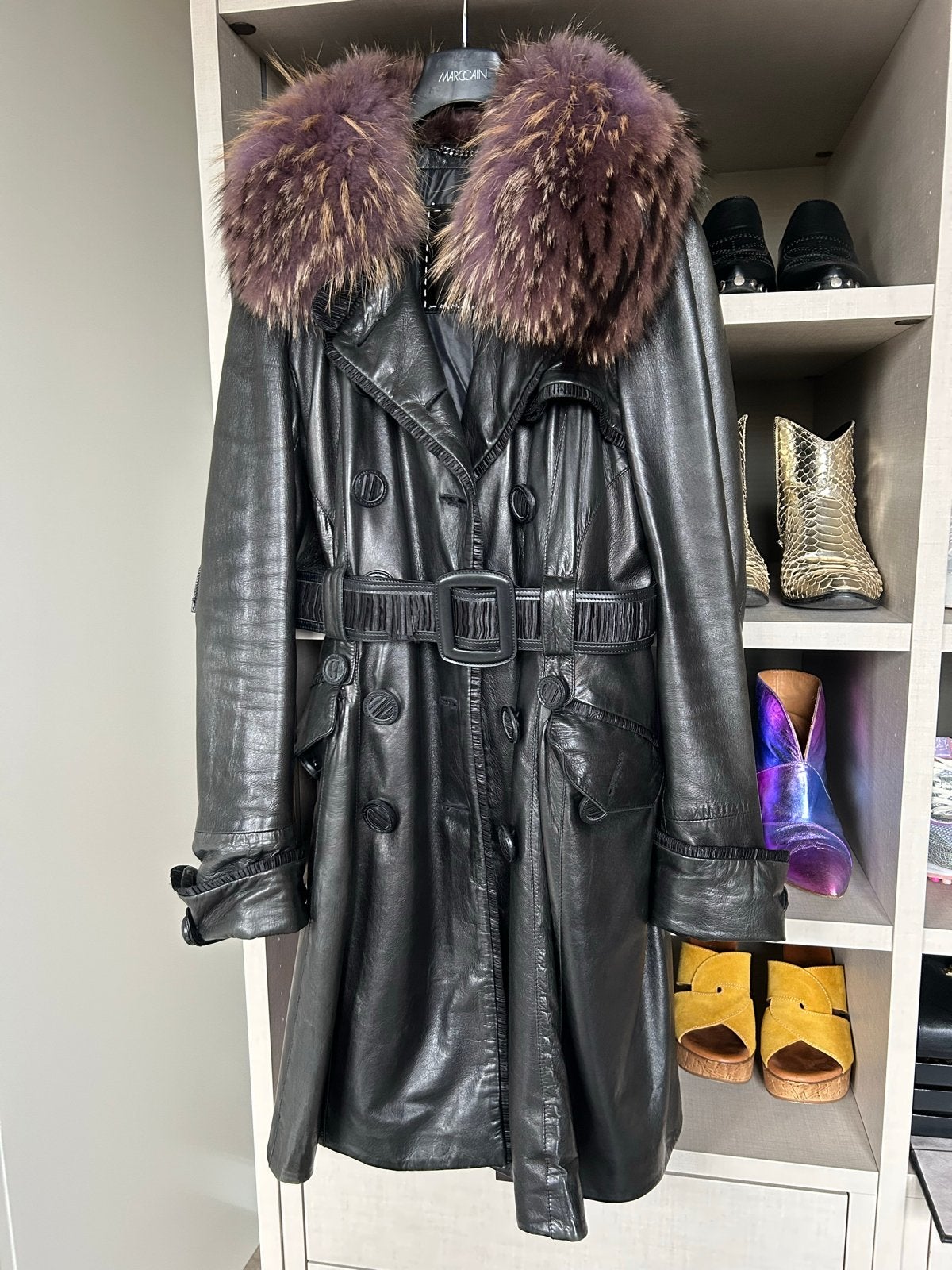 Gallotti Leren Trenchcoat met Bontkraag - Maat M, Ophalen of Verzenden, Zo goed als nieuw, Maat 38/40 (M), Zwart