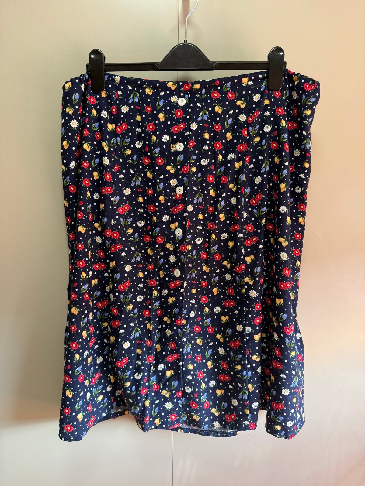 Vintage blauwe Bloemenrok met knopen - Maat 48 / 50, Ophalen of Verzenden, Zo goed als nieuw, Blauw, Rok
