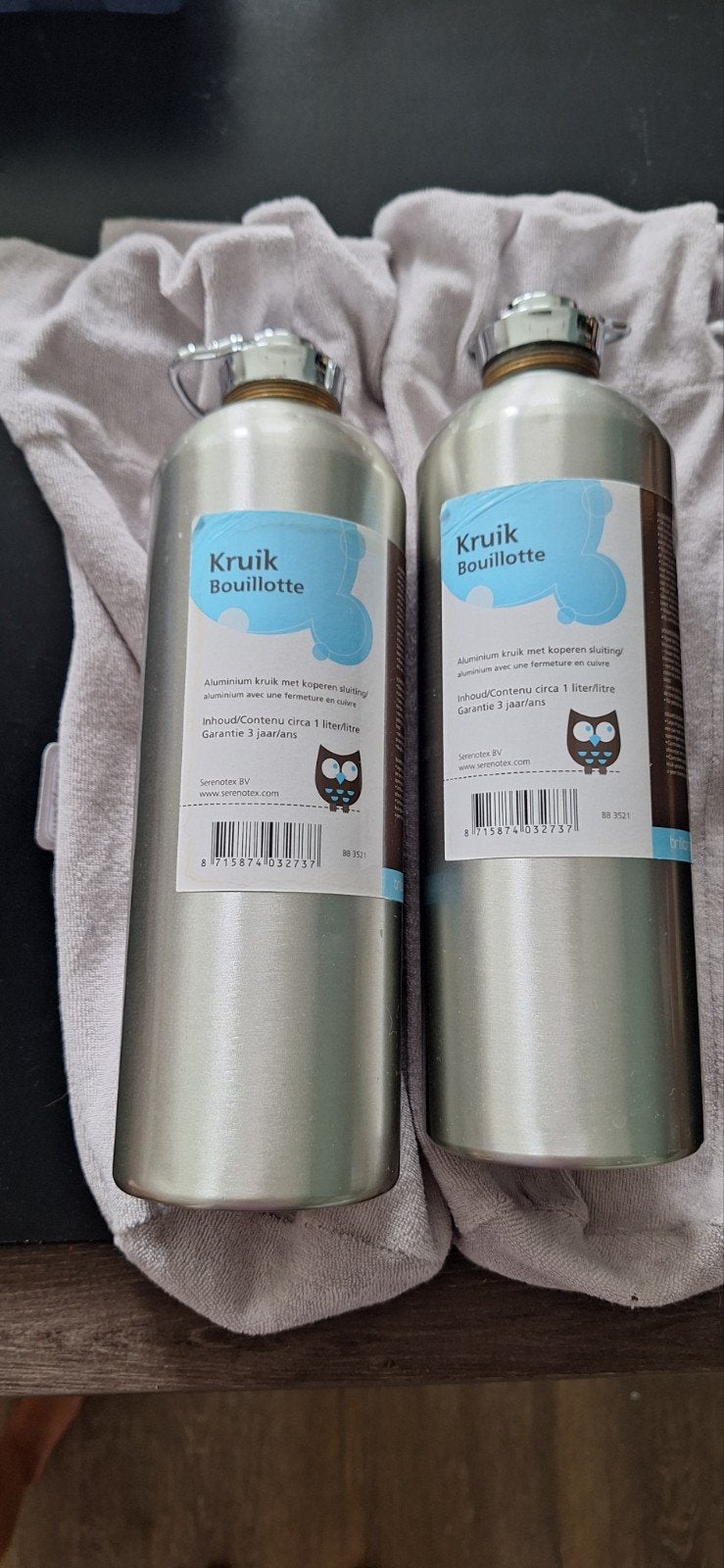 2x Aluminium kruik voor bijv. babybedje, Ophalen, Gebruikt, Zilver, Metaal