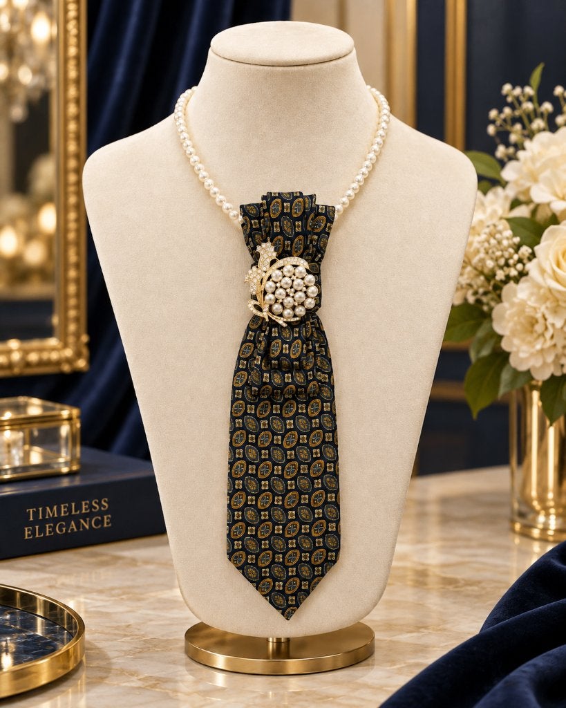 Vintage stropdas ketting  – uniek accessoire met broche, Verzenden, Zo goed als nieuw, Groen, Overige materialen