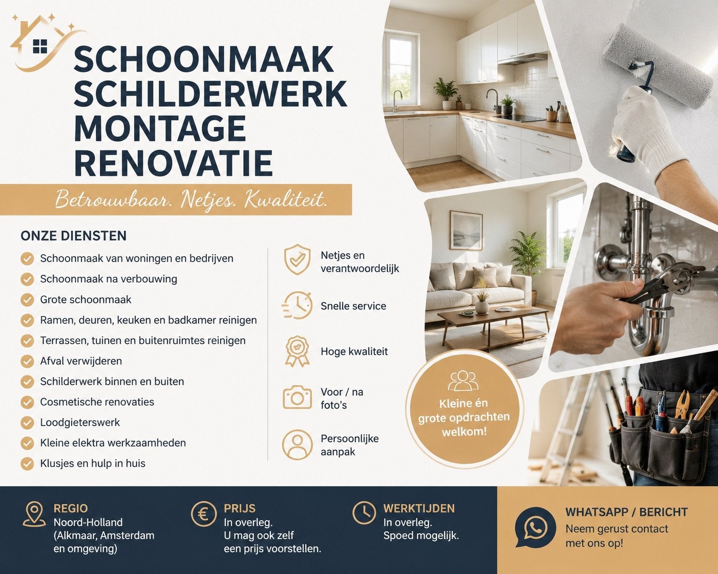 Schoonmaak • Schilderwerk • Montage • Loodgieter • Elektra, Huis en Inrichting, Stoffering | Vloerbedekking, Ophalen, Zo goed als nieuw