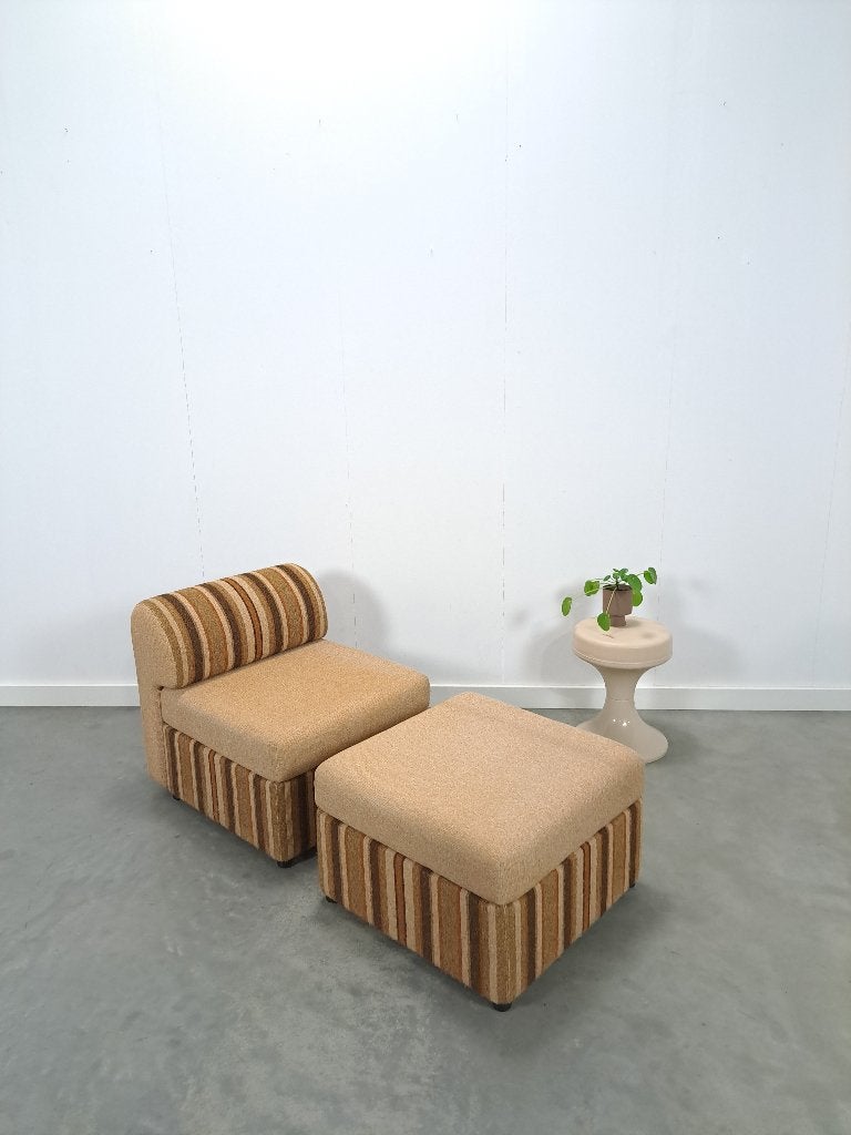 Gestreepte elementen fauteuil met hocker of sofa vintage, Huis en Inrichting, Gebruikt, Vintage, 75 tot 100 cm, Ophalen of Verzenden