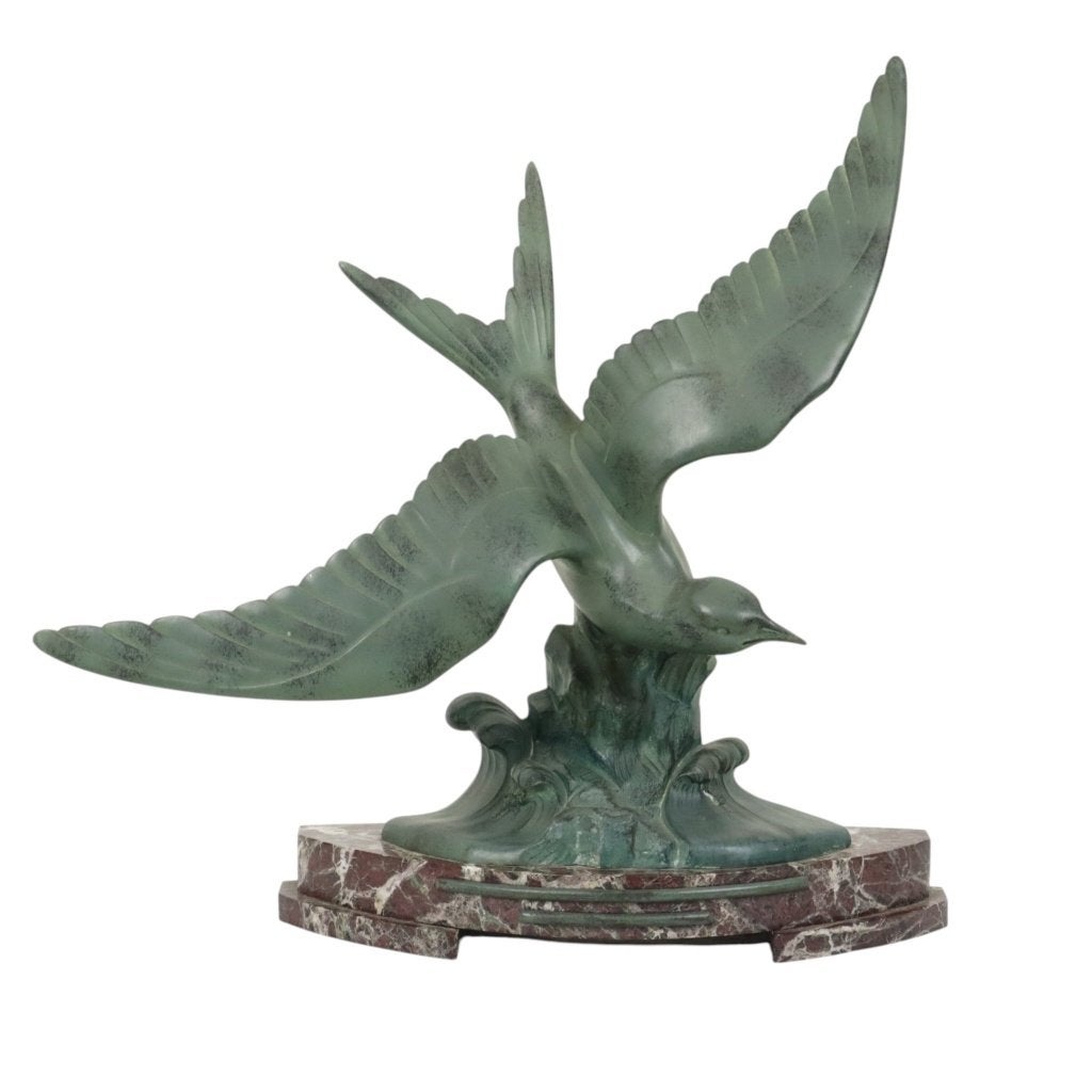 Art Deco Sculptuur Meeuw op Marmeren Basis Brons Patine 51cm, Art deco, Gepatineerd, Beeld, Vogel