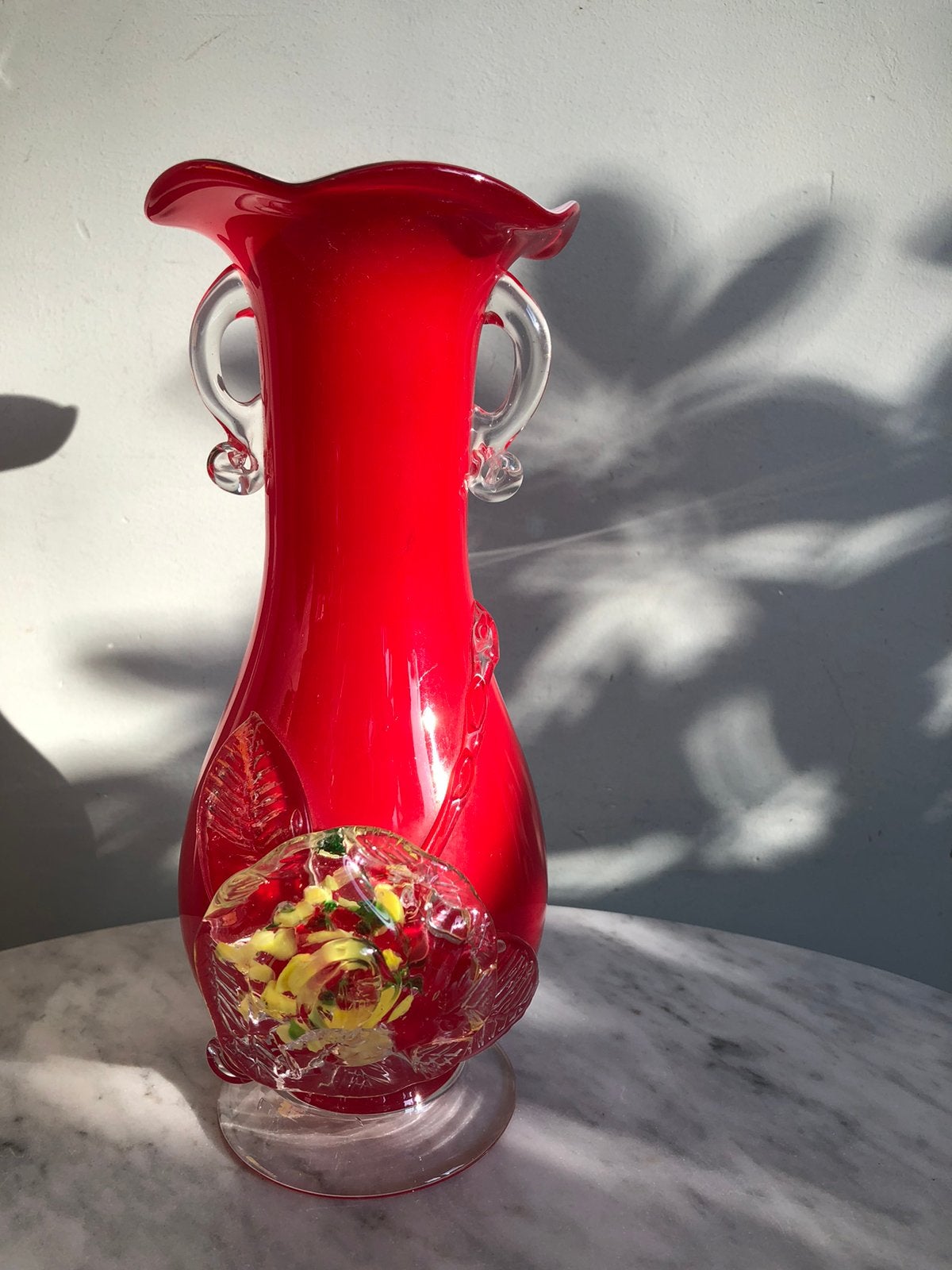 Vintage rode Murano glazen vaas, 21 cm. hoog, z.g.a.n., Ophalen of Verzenden