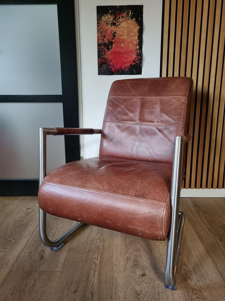 Leren fauteuil H&H met metalen frame - Cognac, Ophalen, Gebruikt, Bruin, Industrieel, Modern