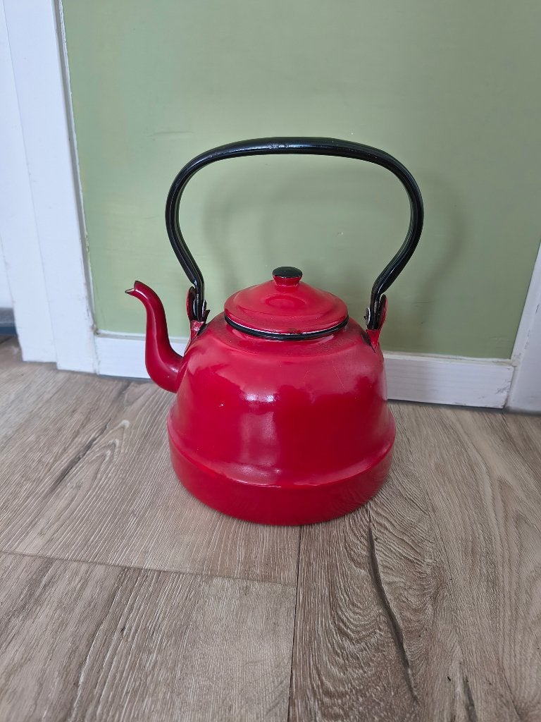 Prachtige rode emaille theepot met handvat en deksel! Water., Antiek en Kunst, Ophalen of Verzenden