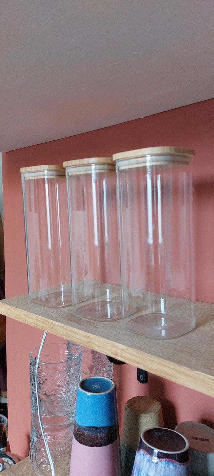 Set van 3 Dille & Kamille voorraadpotten met bamboe deksel, Huis en Inrichting, Glas, Ophalen of Verzenden, Zo goed als nieuw