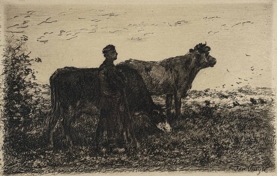 166. Ets, Jan Vrolijk – boer met koeien, 19e eeuw, Ophalen, Ets, 15 cm, Flora en Fauna