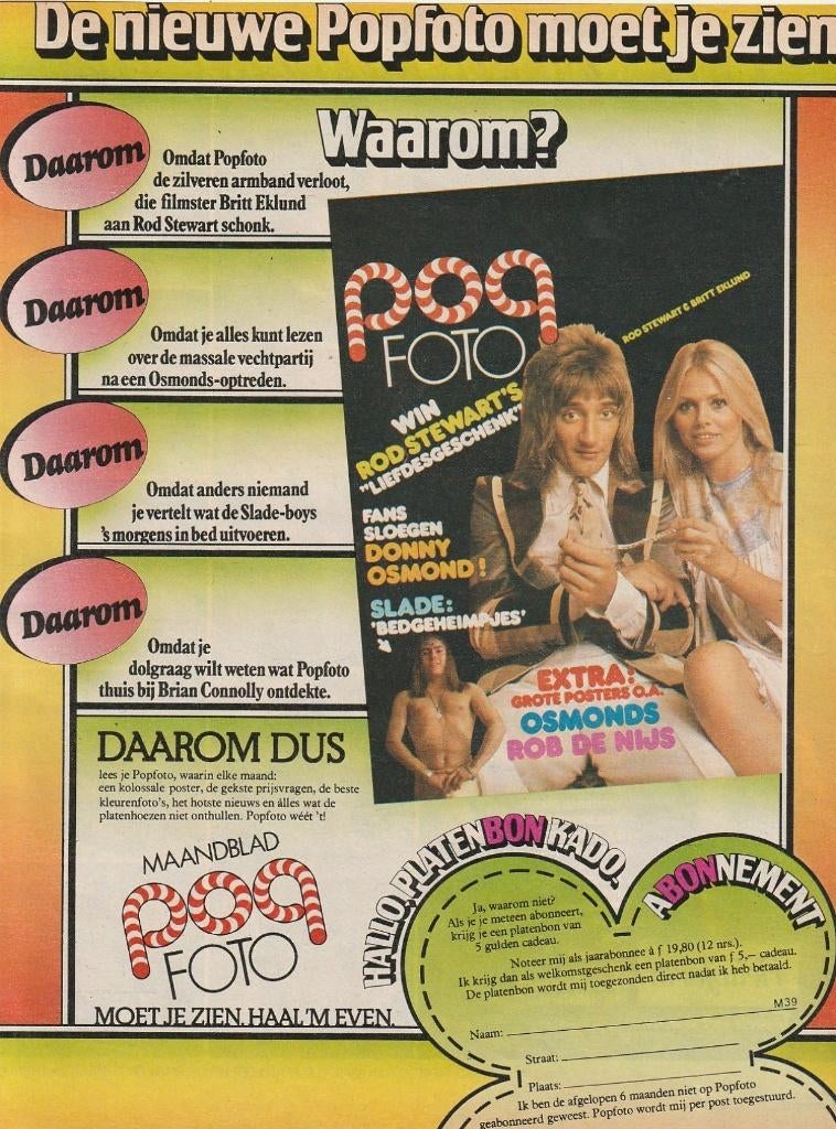 Retro reclame 1975 Popfoto Rod Stewart & Britt Eklund, Verzamelen, Verzenden, Overige typen
