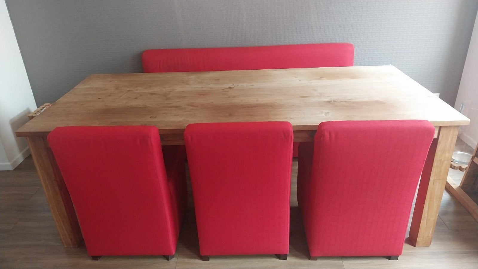 Complete eetkamerset: Teak tafel met rode bank en stoelen, Ophalen, Gebruikt