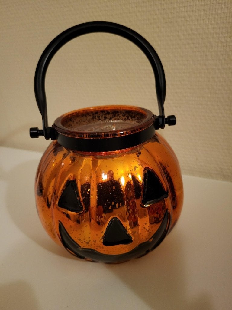 halloween lantaarn voor lampje of waxine, Lantaarn, Oranje, Ophalen of Verzenden, Glas
