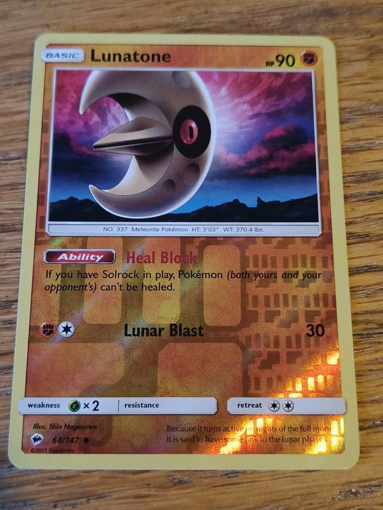 Lunatone reverse holo 068/147 burning shadows, Ophalen of Verzenden, Zo goed als nieuw, Losse kaart, Foil