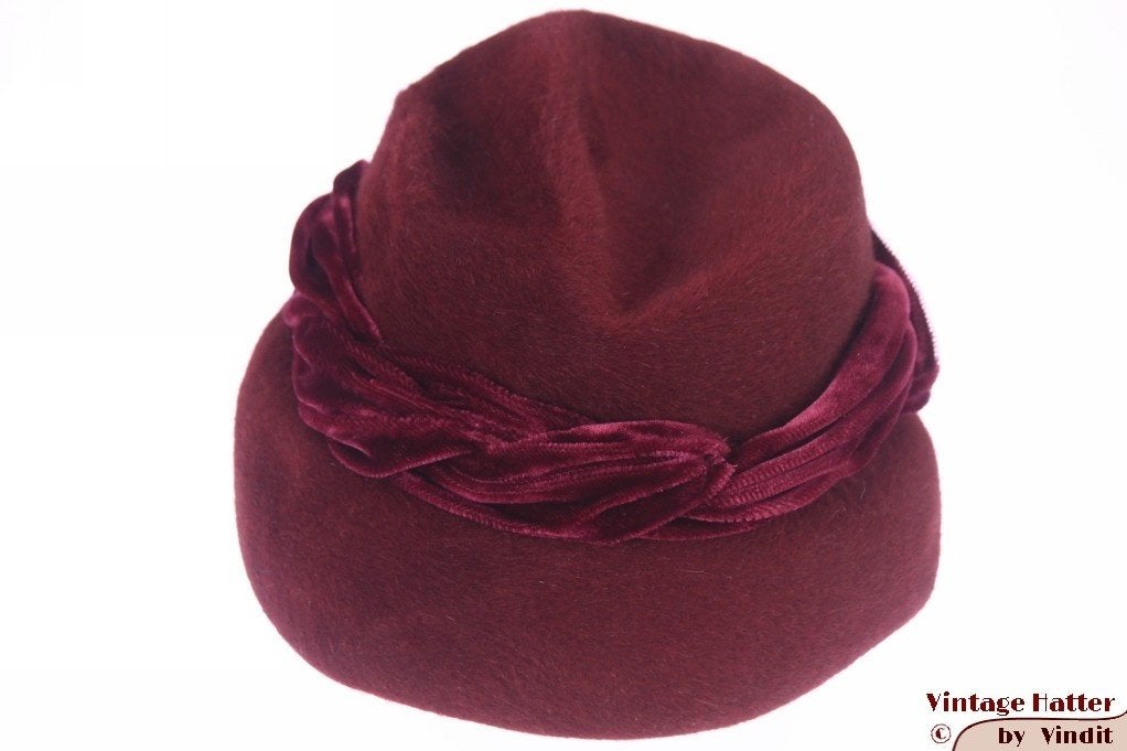 Vintage Dameshoed Rossi bordeaux rood haarvilt 55 = S tot XS, Hoed, Ophalen of Verzenden, Gedragen, Vintage tweedehands artikel en daarom onbekend