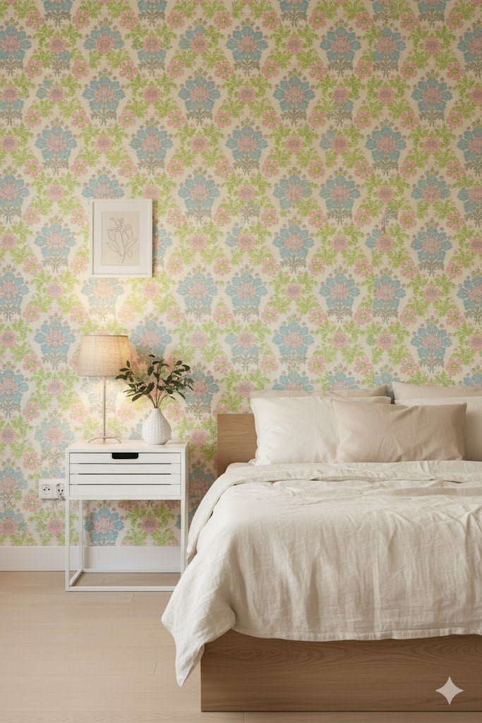 6943 Pastel medaillon bloemenbehang blauw roze groen swiet, Ophalen of Verzenden, Minder dan 10 m², Blauw
