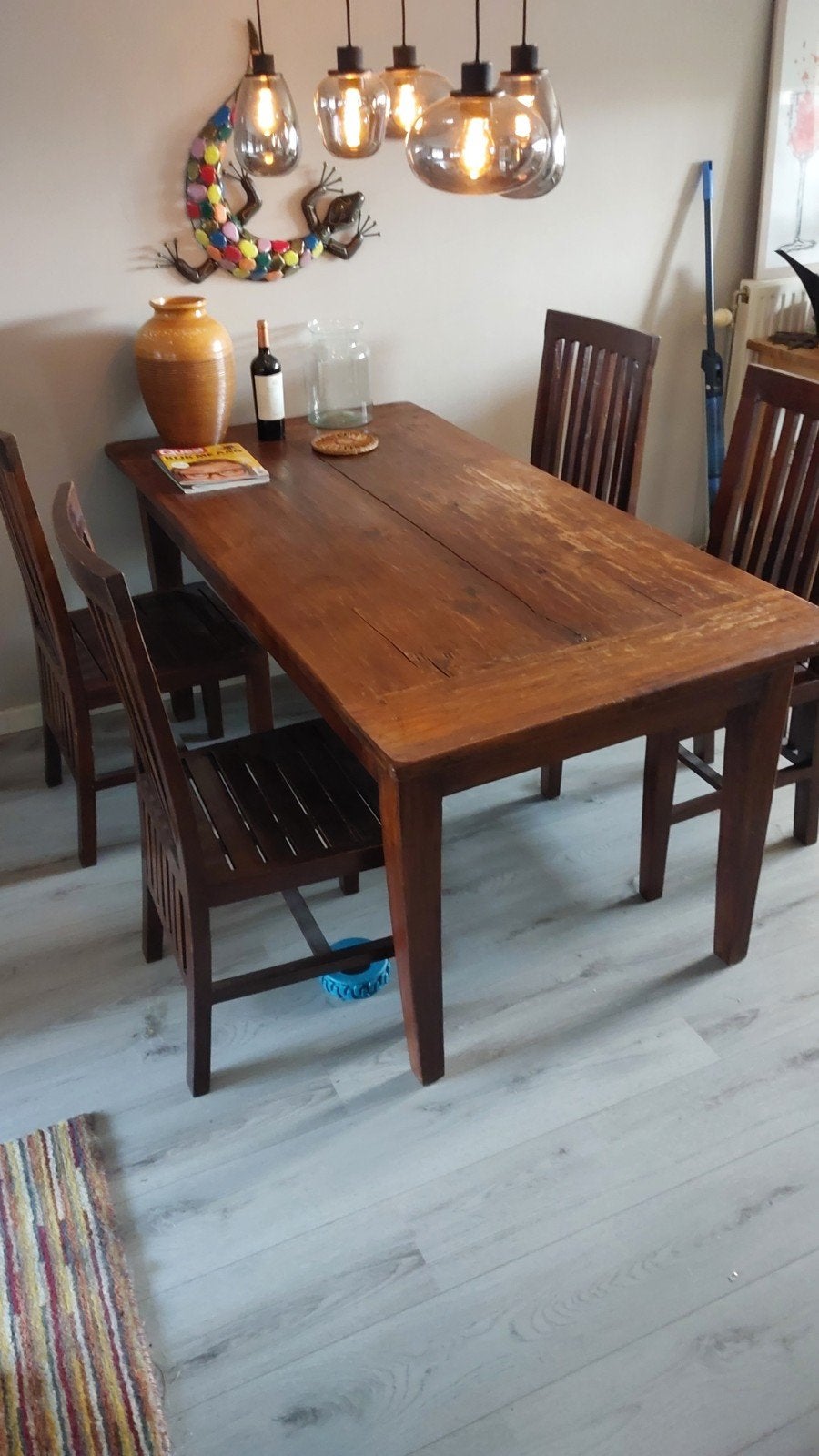 Massief Teak houten eettafel met lades plus 4 stoelen, Antiek en Kunst, Ophalen