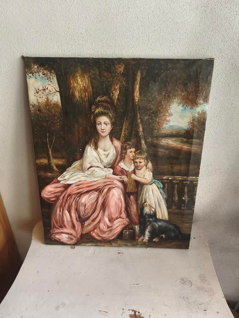 Olieverf portret op doek moeder met kinderen * schapenweide, Antiek en Kunst, Curiosa en Brocante, Ophalen
