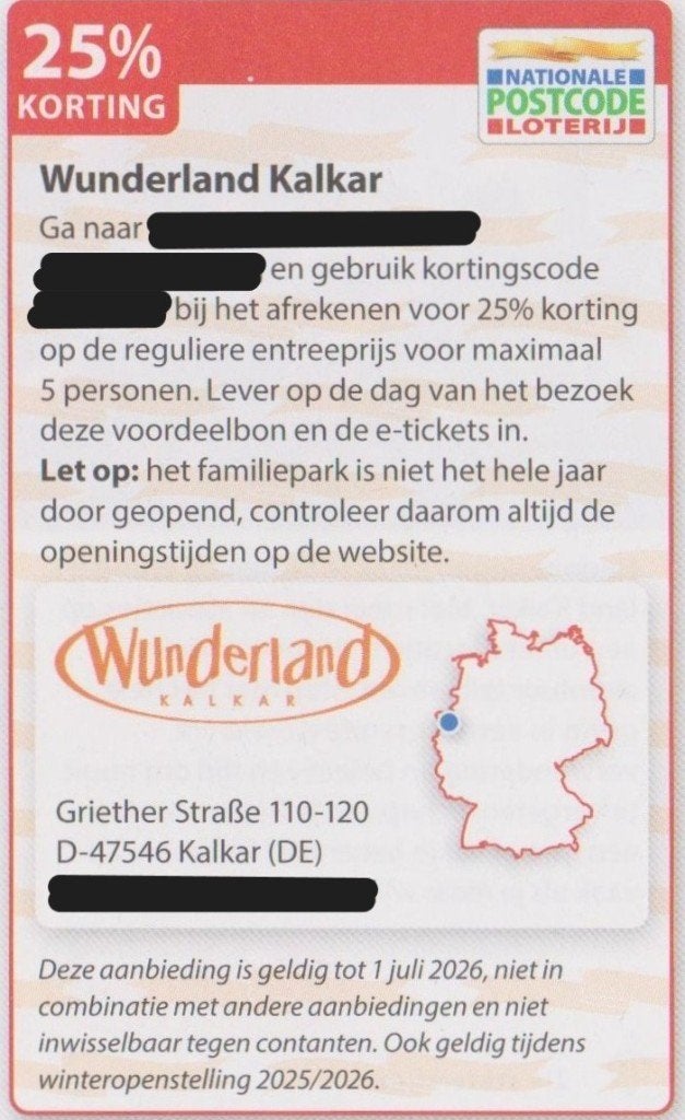 Wunderland Kalkar 25% korting. Postcodeloterij voordeelbon., Tickets en Kaartjes, Recreatie | Pretparken en Attractieparken, Drie personen of meer