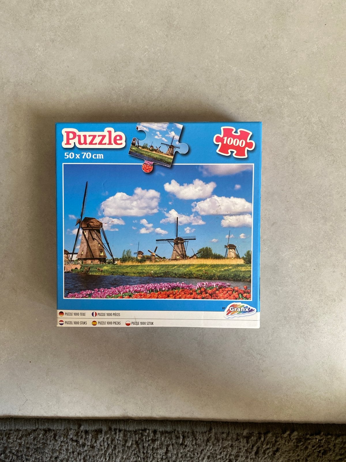 Puzzel 1000 stukjes - Molens en tulpen (50x70 cm), Ophalen of Verzenden, 500 t/m 1500 stukjes, Gebruikt, Legpuzzel