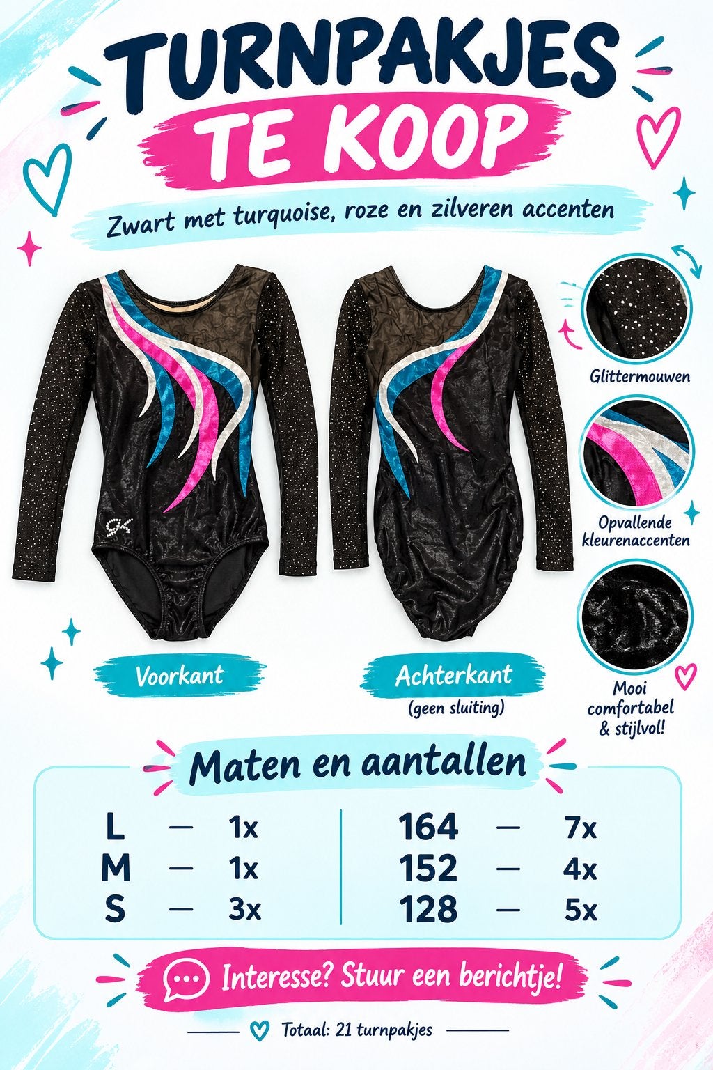 Turnpakjes Zwart met Turquoise, Roze en Zilveren accenten, Zwart, Overige typen, Ophalen of Verzenden, Zo goed als nieuw