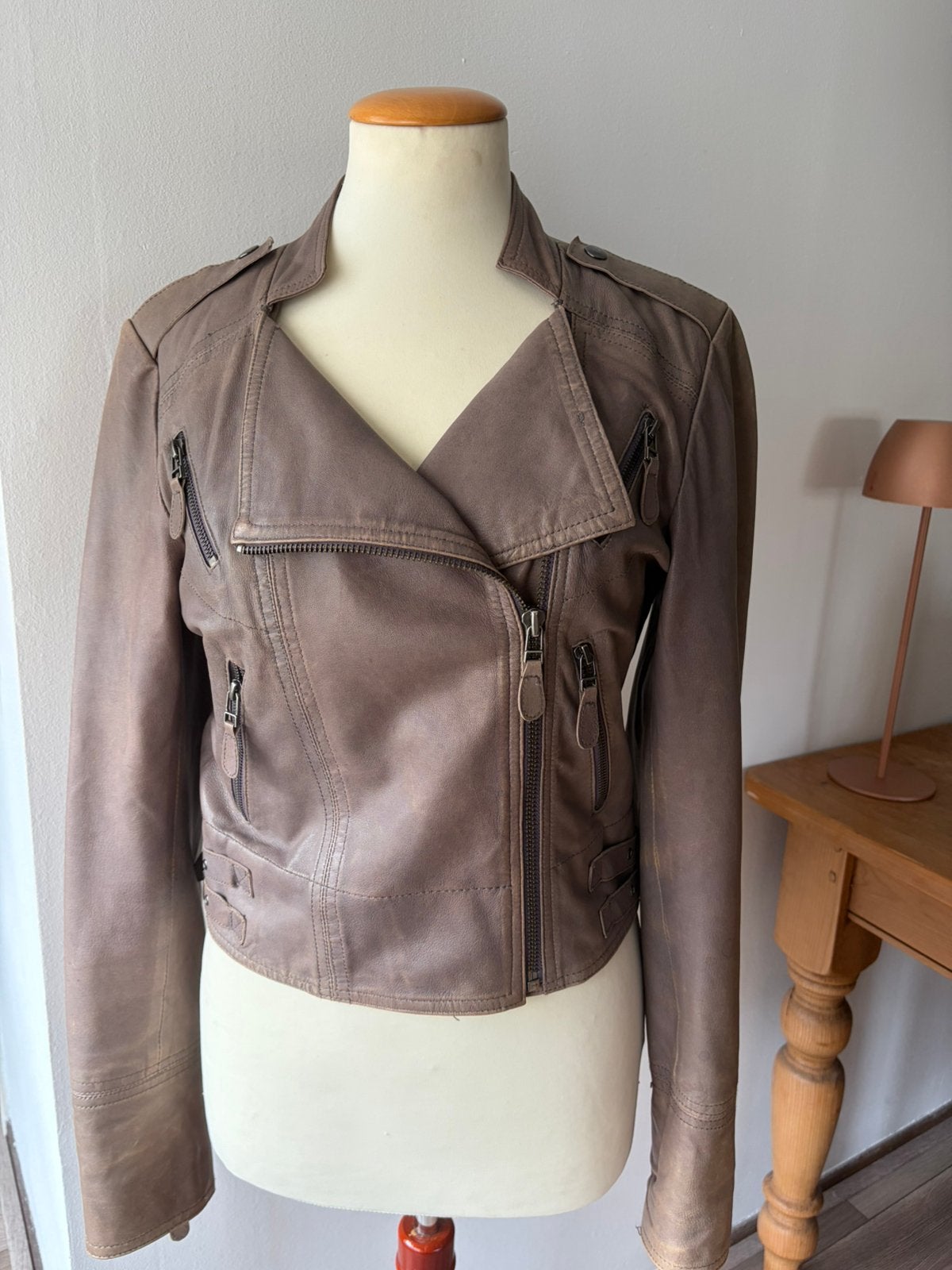 Originele Culture echte lederen biker jasje  maat S, Kleding | Dames, Ophalen of Verzenden, Gedragen, Maat 36 (S), Beige