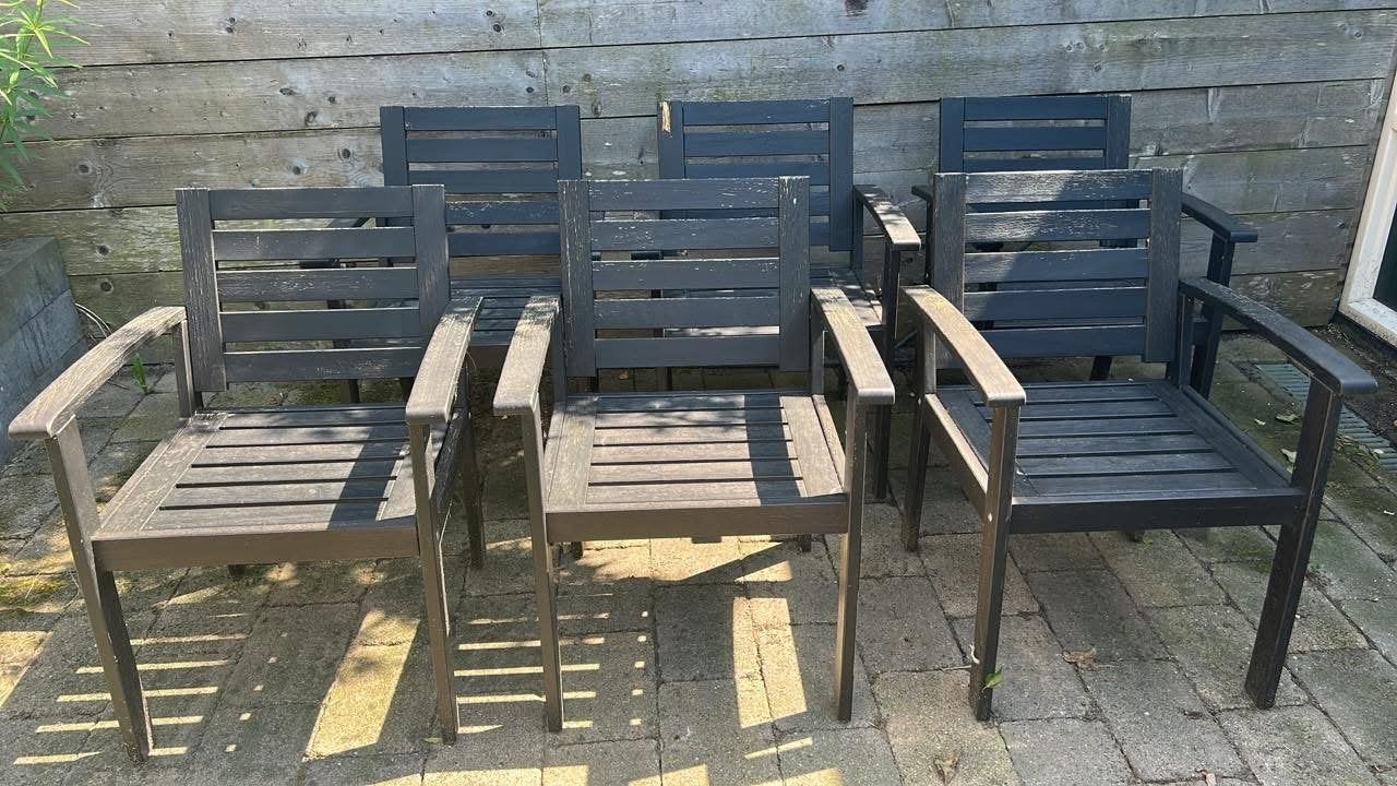 Zes zwarte houten Ikea tuinstoelen, Tuin en Terras, Ophalen, Gebruikt, Hout