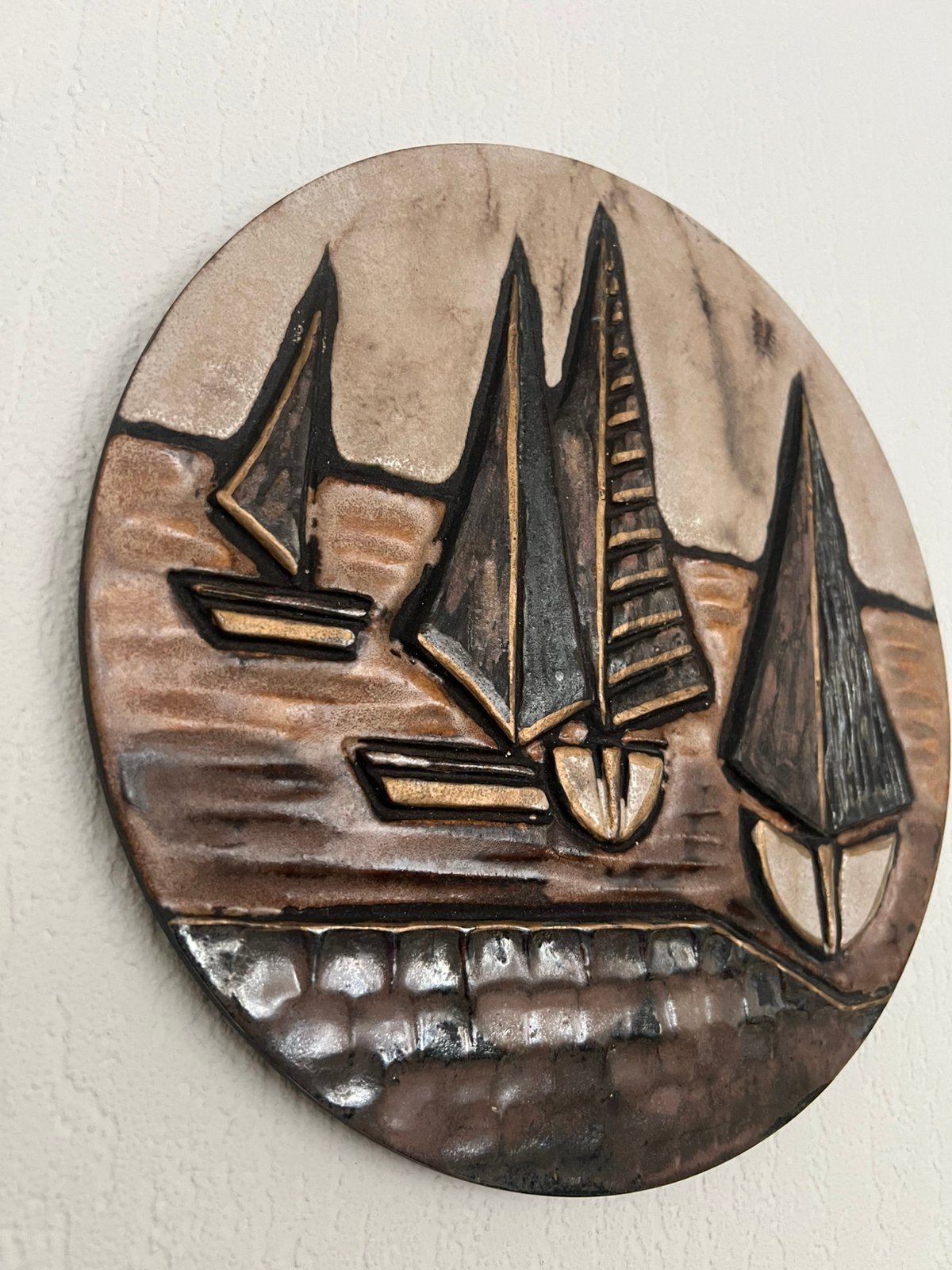 Keramische wandplaat met zeilboten  Ruscha W.Germany Ø 28 cm, Ophalen of Verzenden
