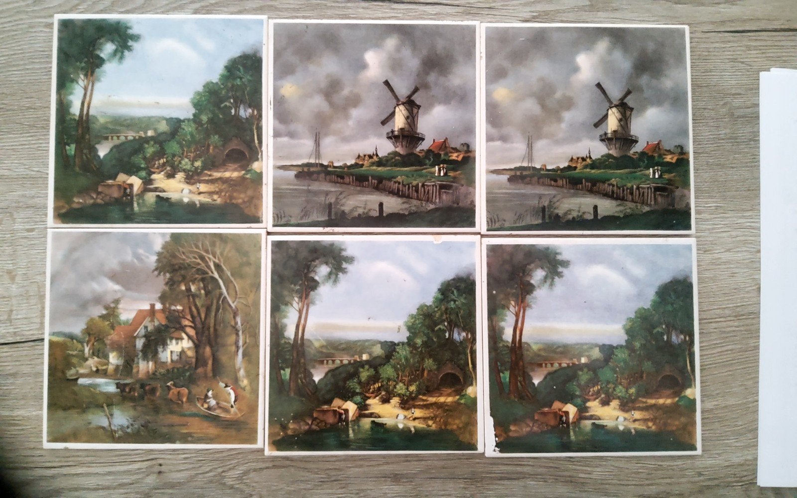 Set van 6 antieke MOSA tegels met landschap en molen 15x 15, Ophalen