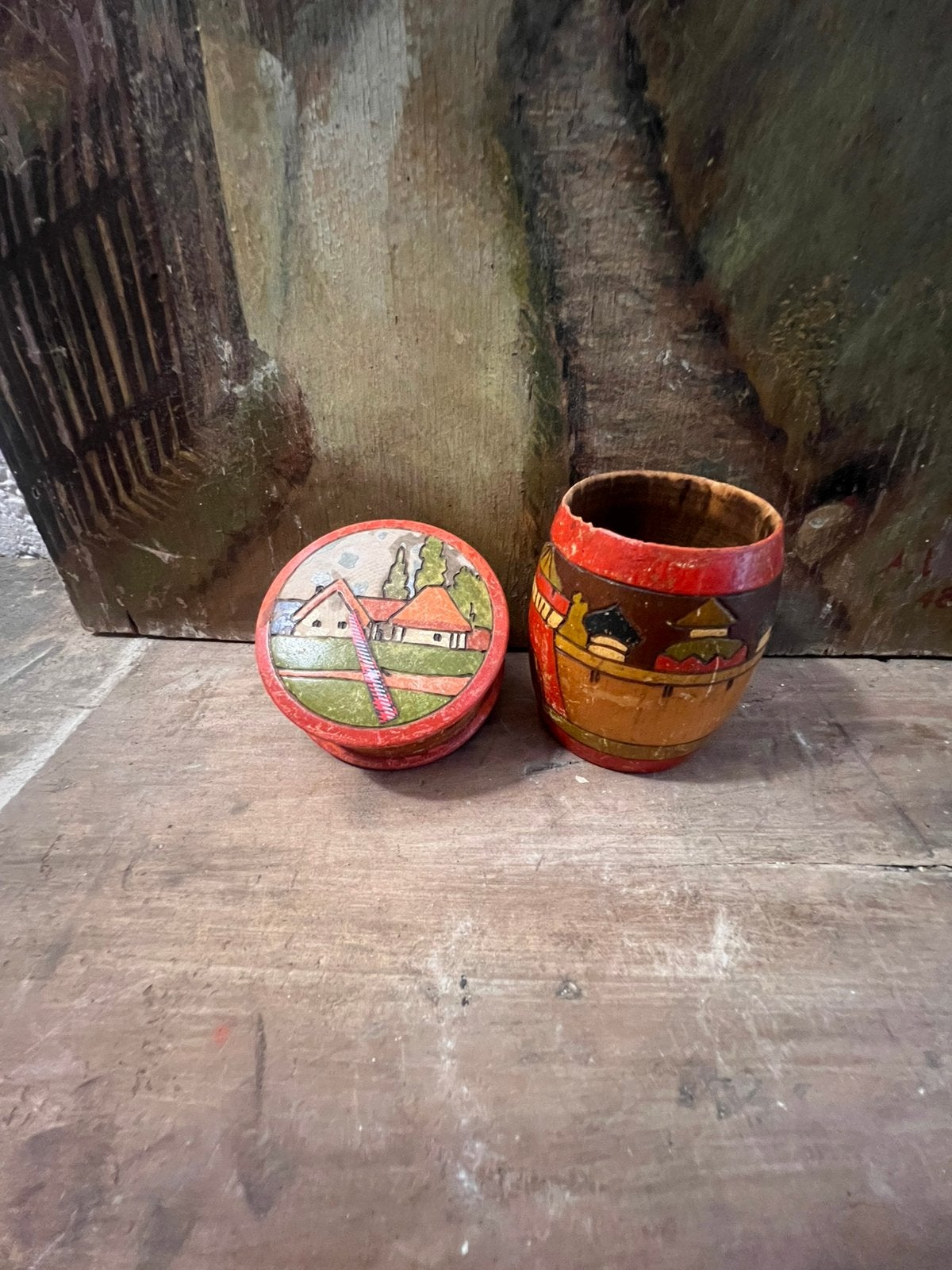 Houten doosje volkskunst boerderij oud brocante ertsgebergte, Ophalen of Verzenden
