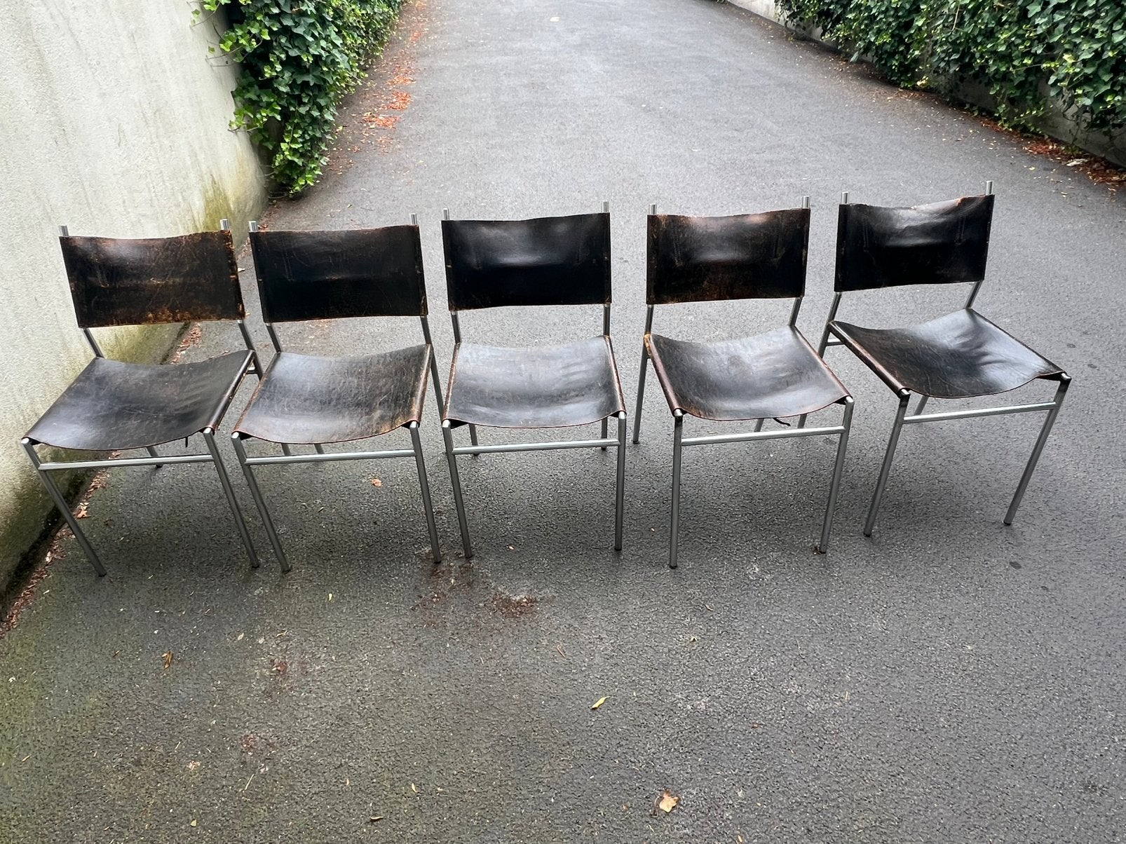 SE06 Martin Visser voor ‘t Spectrum, 1960, 5 eetkamerstoelen, Ophalen, Gebruikt, Leer, Vijf, Zes of meer stoelen