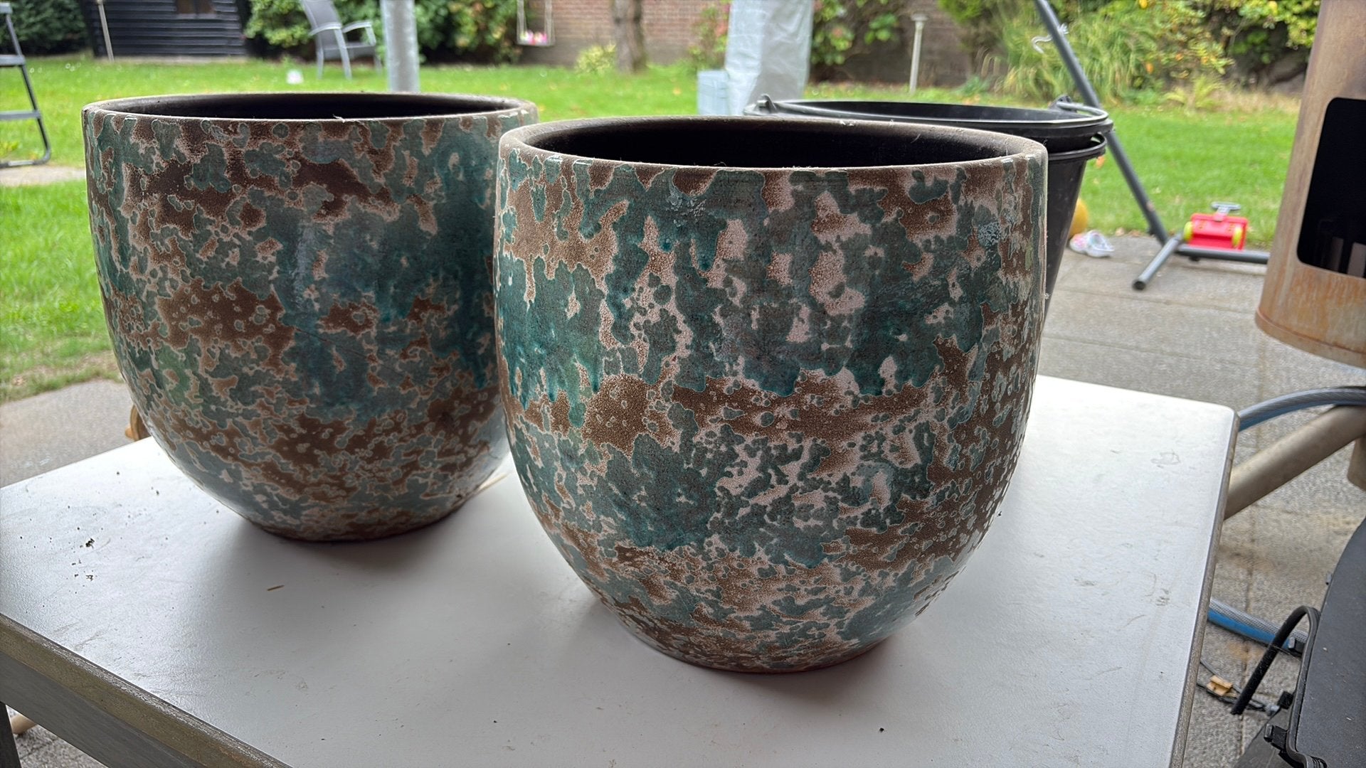 Set Bela arte bloempot Luuk blauw turquoise groot 28*28, Rond, Zo goed als nieuw, Binnen, Aardewerk