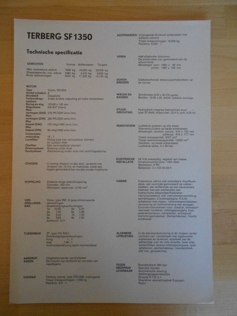 Terberg SF1350 6x6 Technische Specificatie Brochure ca 1973, Ophalen of Verzenden, Zo goed als nieuw, Overige merken, Terberg
