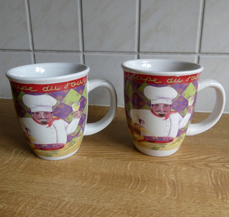 Soepbekers mokken kok soepmok bekers soupe du jour, Gebruikt, Ophalen of Verzenden, Overige stijlen, Kop(pen) en/of Schotel(s)