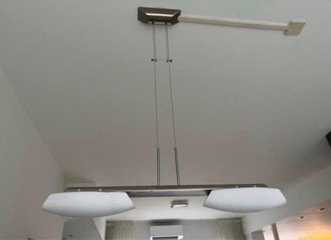 Moderne RVS Hanglamp met Witte Kappen - Halogeen, Huis en Inrichting, Lampen | Hanglampen, Ophalen, Gebruikt, Metaal, Overige fittingen