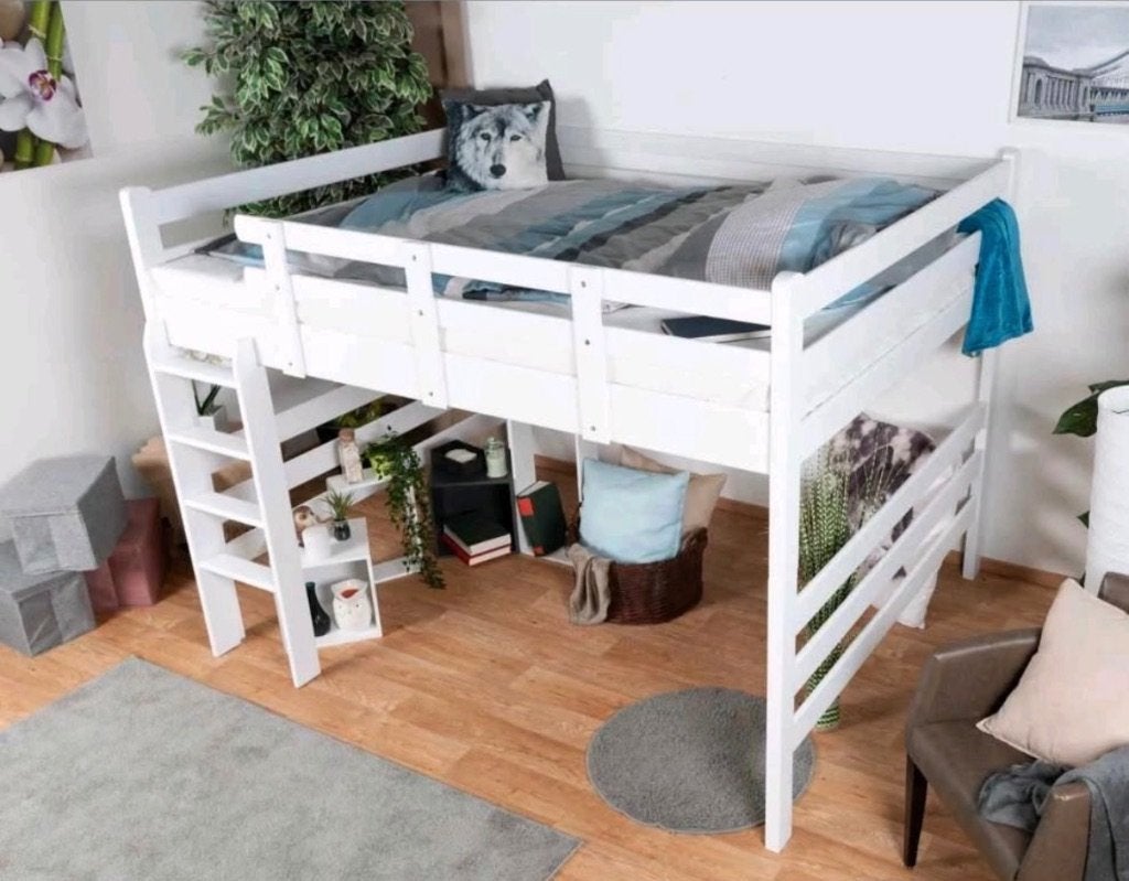 Massief houten hoogslaper met H2-matras te koop, Ophalen, Tweepersoons, Hout