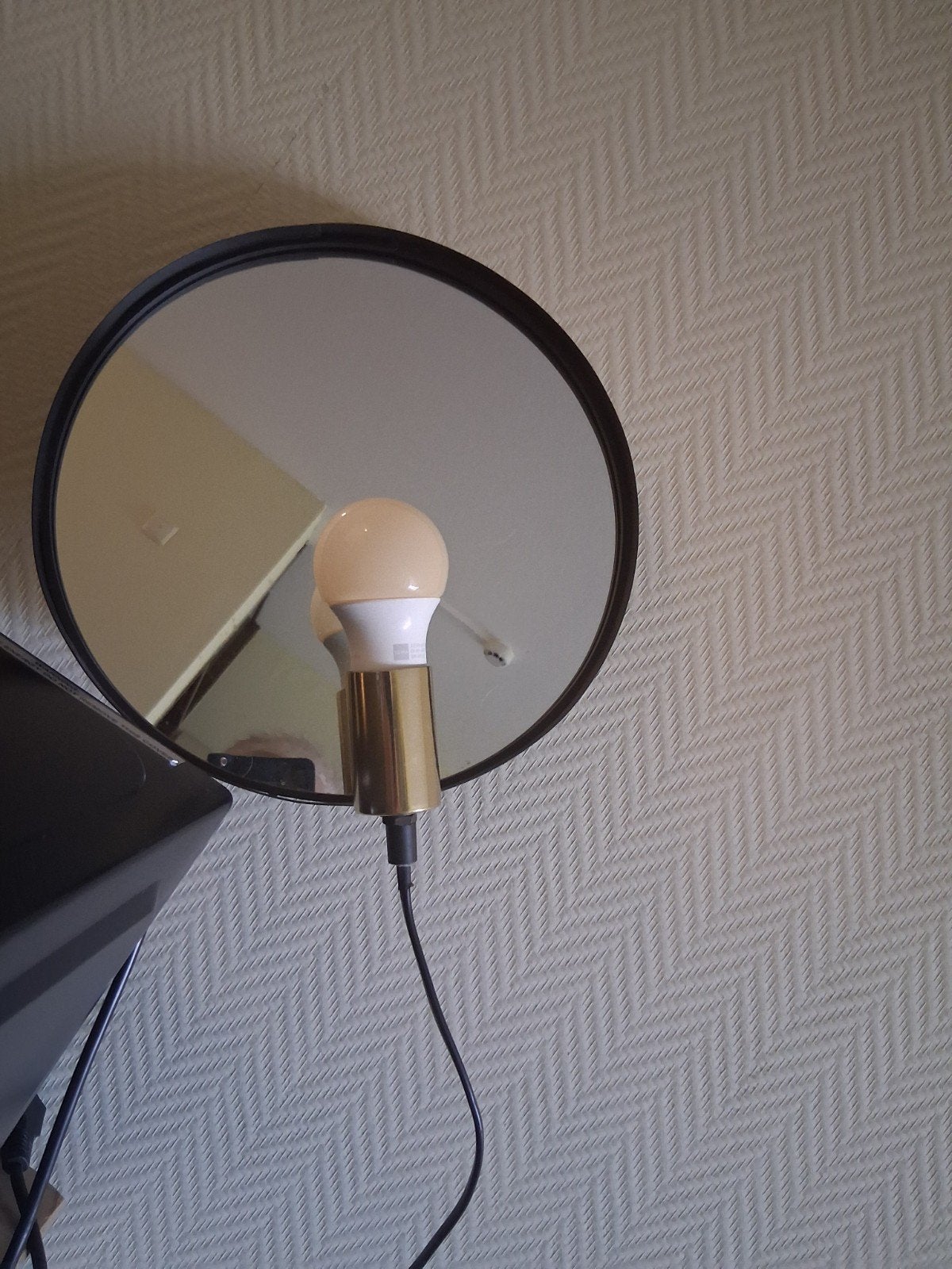 2x ronde schemerlamp  spiegel met zwarte rand, Ophalen, Minder dan 50 cm, Rond, Zo goed als nieuw