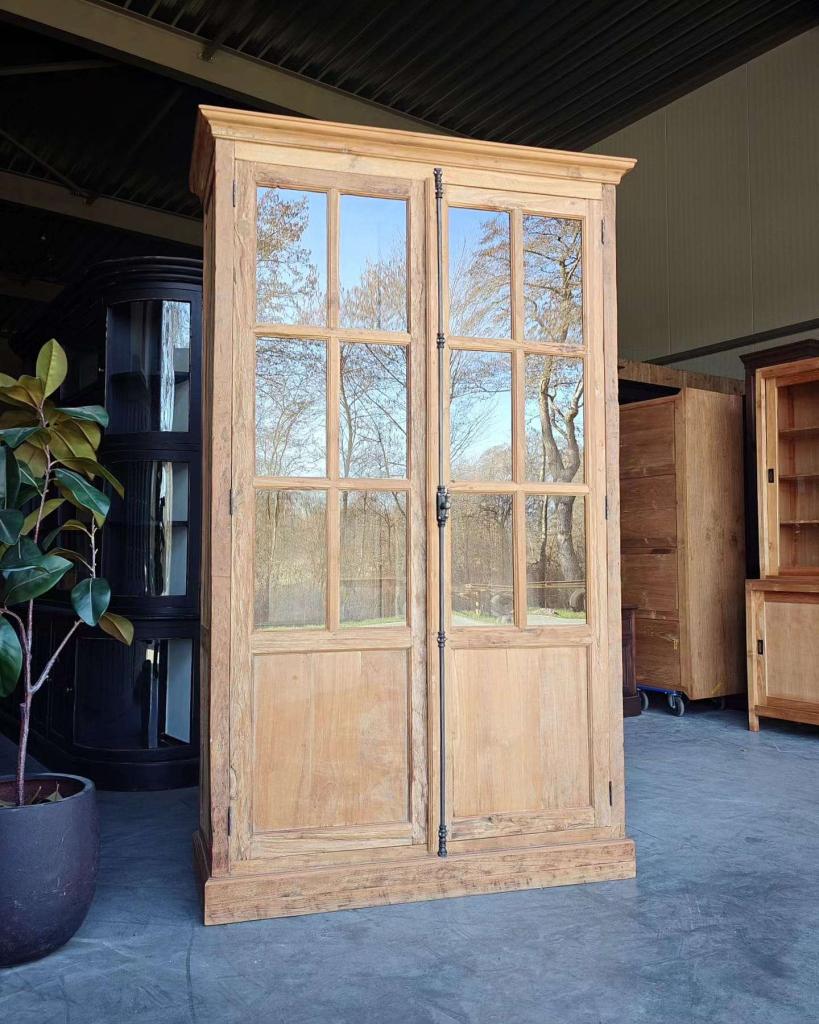 Hoge franse vitrinekast | Espagnolet sluitingen - Teak #2731, Niet ingevuld, 100 tot 150 cm, 200 cm of meer, Niet ingevuld