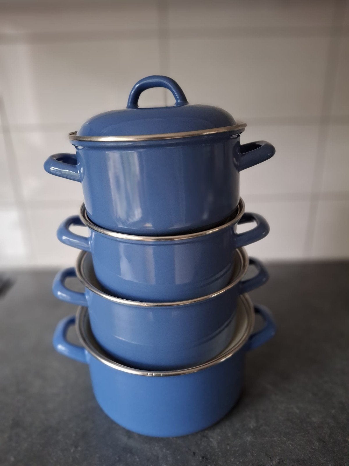 Blauwe pannenset, vintage, Ophalen, Gebruikt, Pannenset
