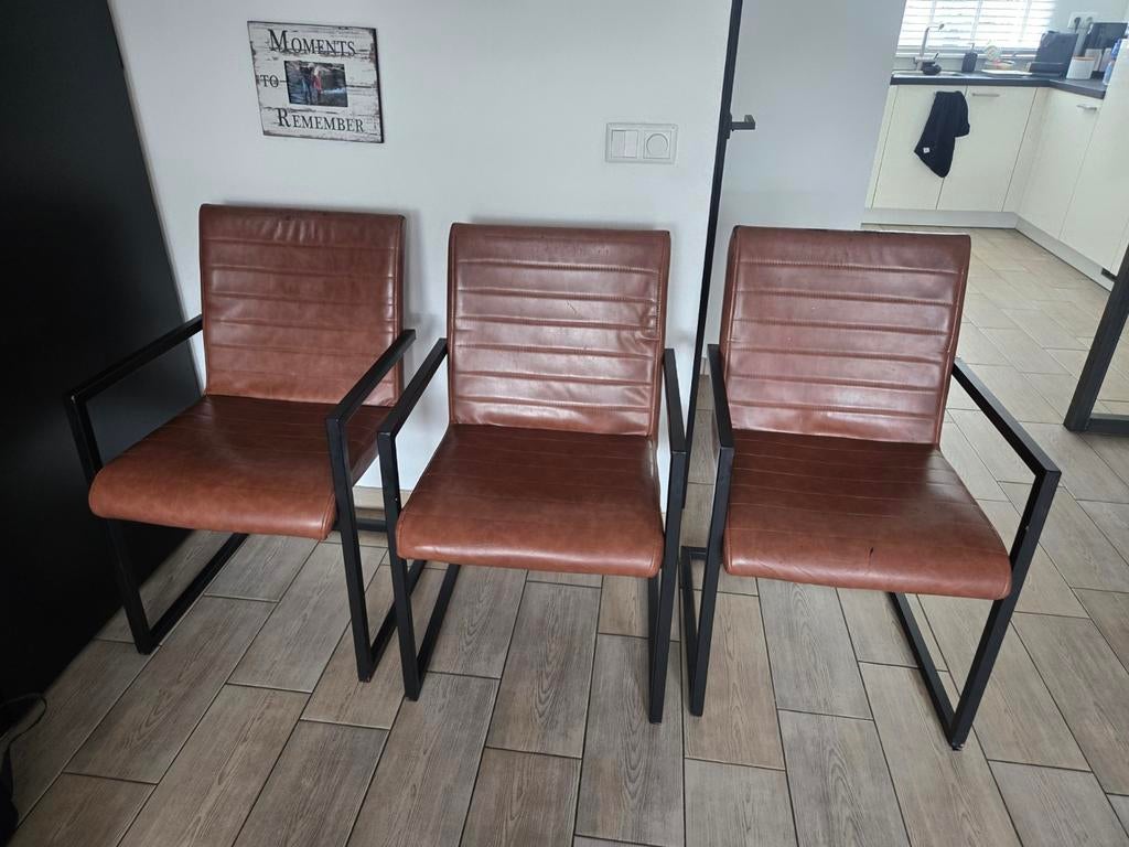 3 eetkamer stoelen Cognac met zwart onderstel, Huis en Inrichting, Stoelen, Ophalen, Gebruikt, Bruin, Drie